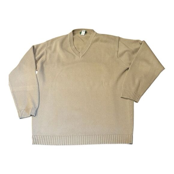 Vintage 90s LL Bean Mens Cotton Knit V-Neck Sweater Beige Men's Tan Sweater - Picture 4 of 10